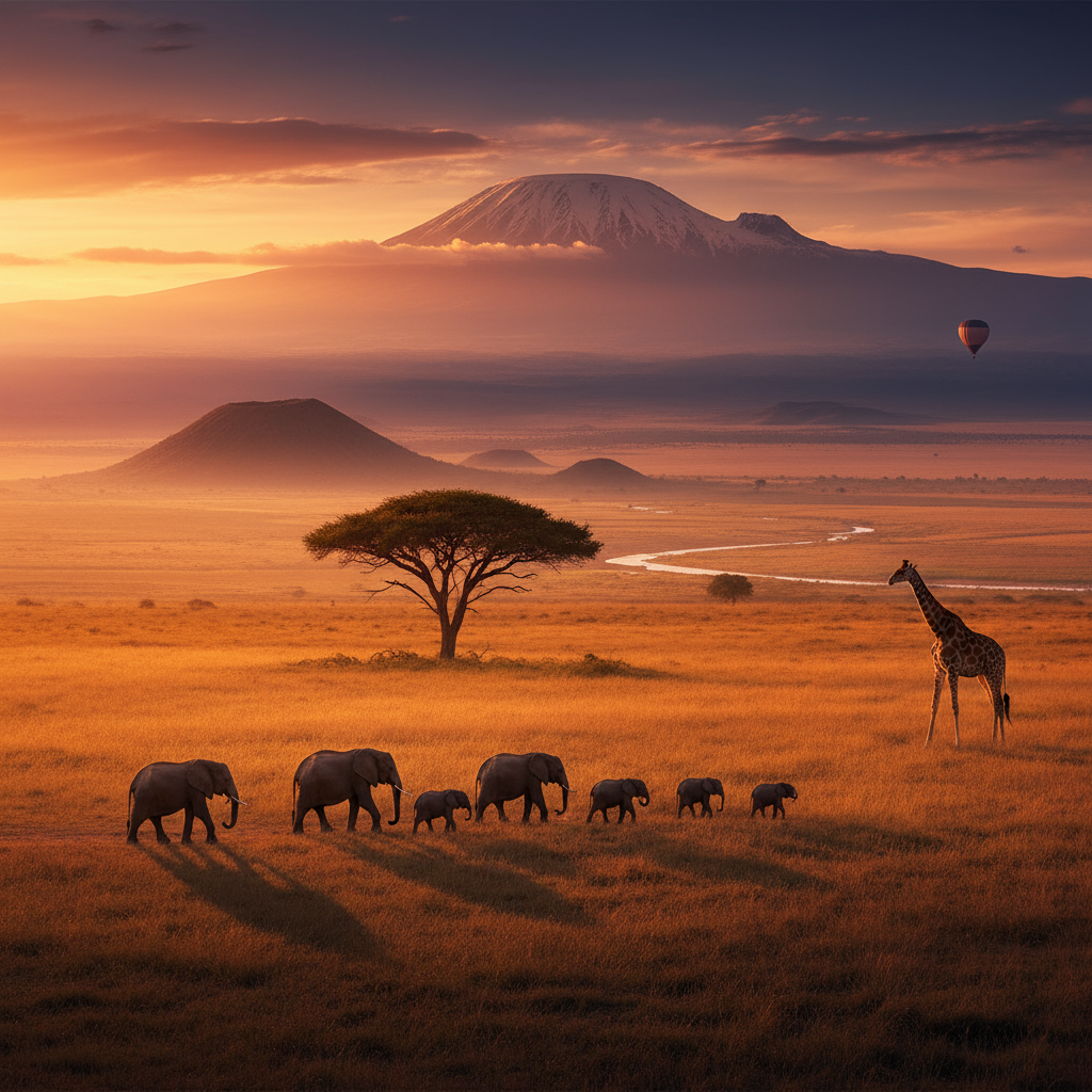 Savane kenyane avec animaux sauvages au lever du jour