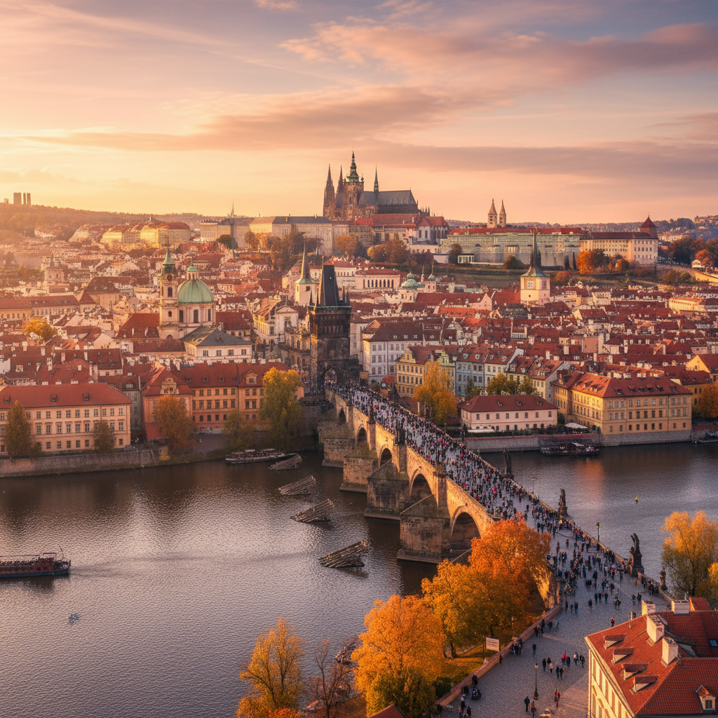 Le pont Charles et les toits de Prague au petit matin