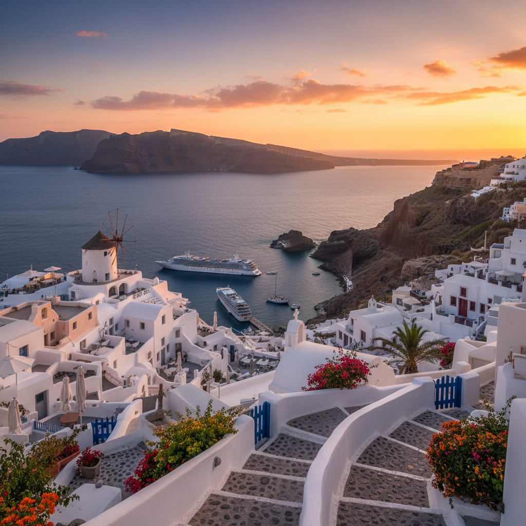 Maisons blanches et dômes bleus au-dessus de la caldeira de Santorin